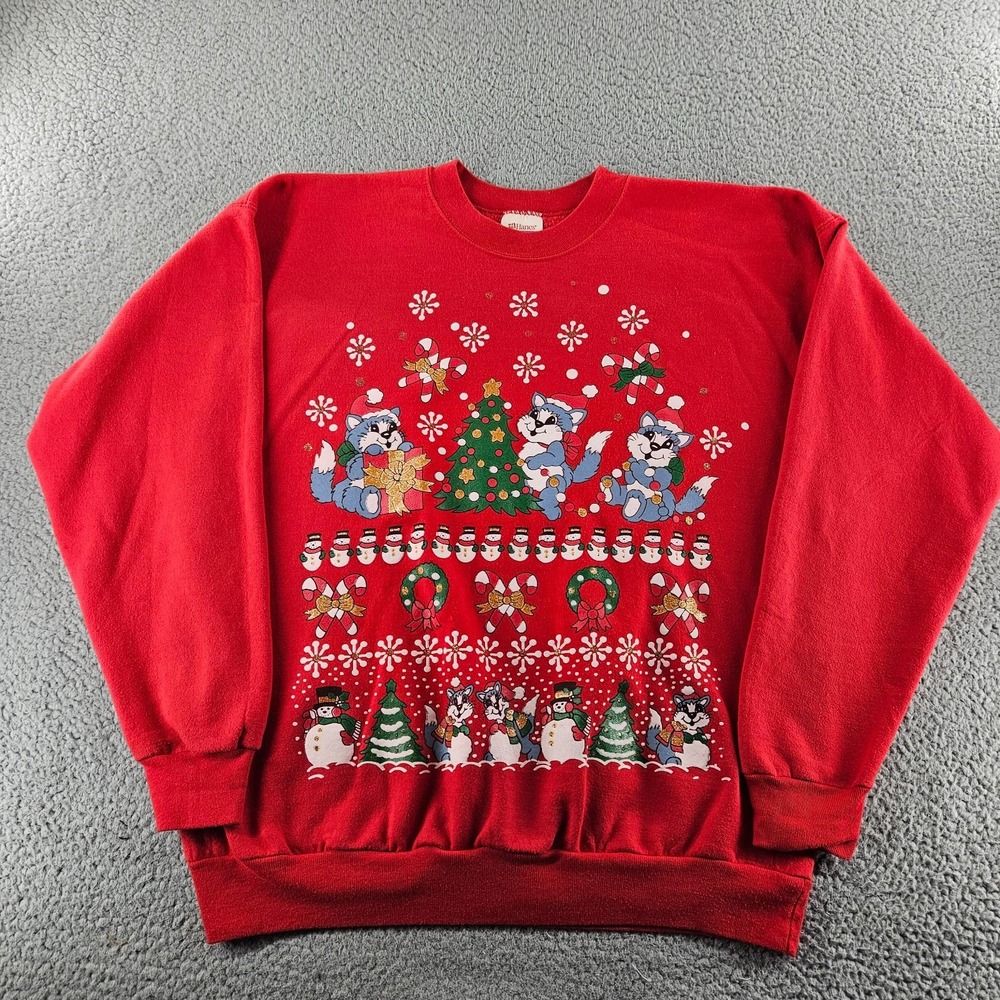 Vintage Ugly Christmas Sweater Womens Large Red Cats Tree Snowman Holiday Party